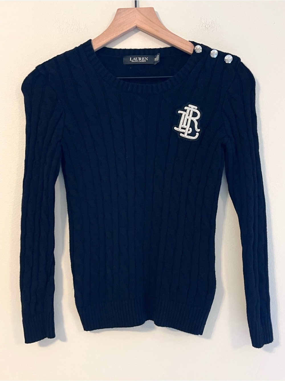 Lauren Ralph Lauren Womens Black Label Knit Crewneck Sweater XXS Logo Patch